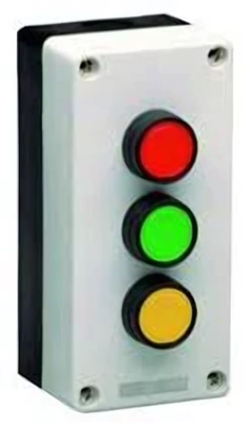 Three-button station with red, green and amber push buttons